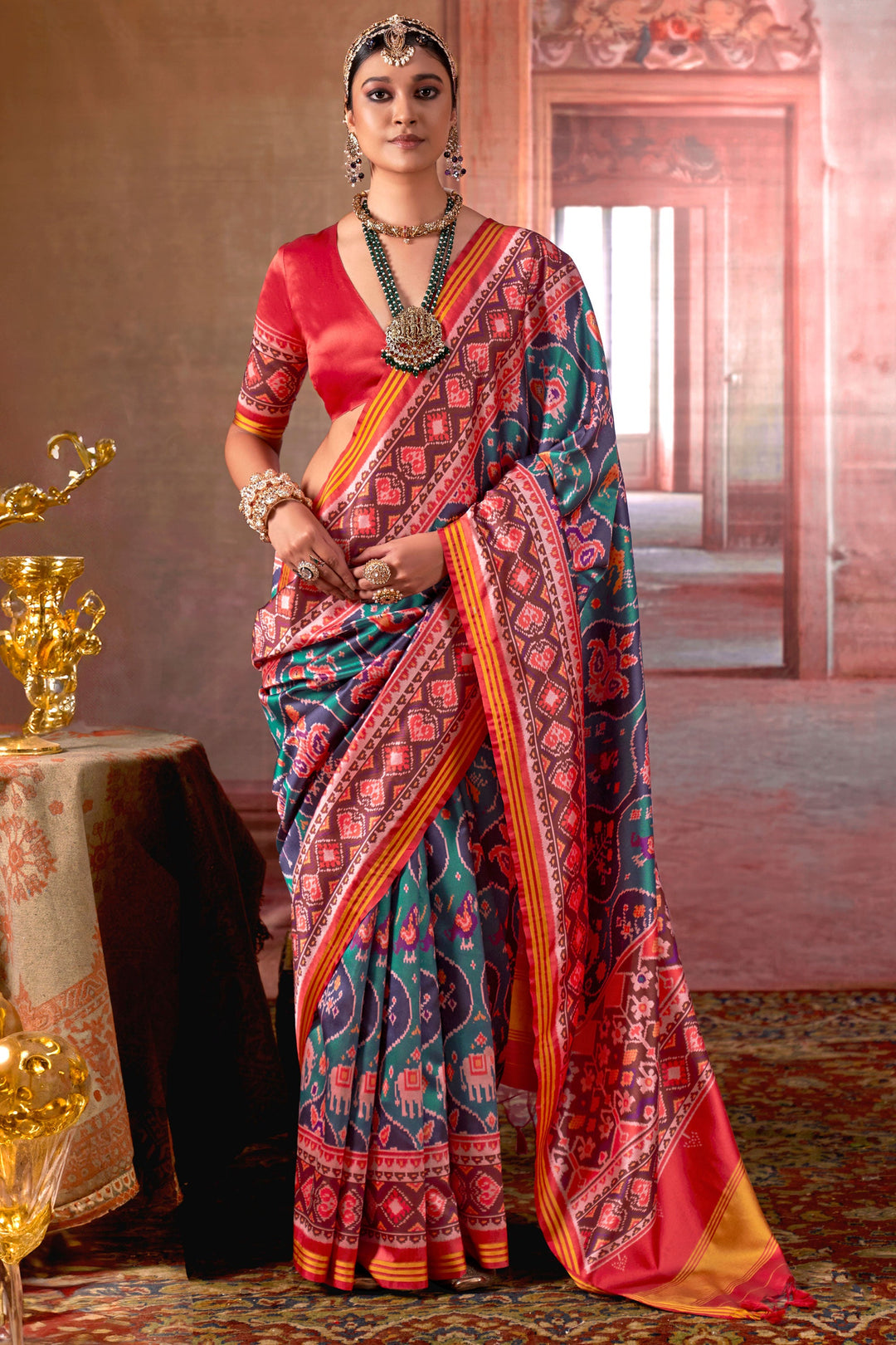 Trendy Art Silk Fabric Patola Printed Saree In Teal Color | Buy Online India