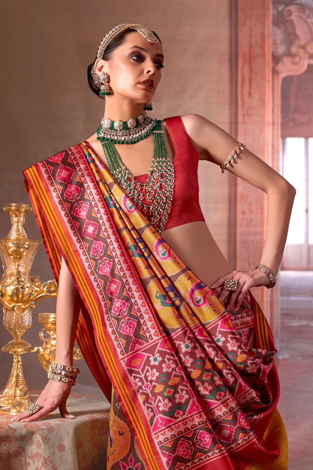 Flamboyant Art Silk Fabric Patola Printed Saree In Mustard Color | Buy Online India