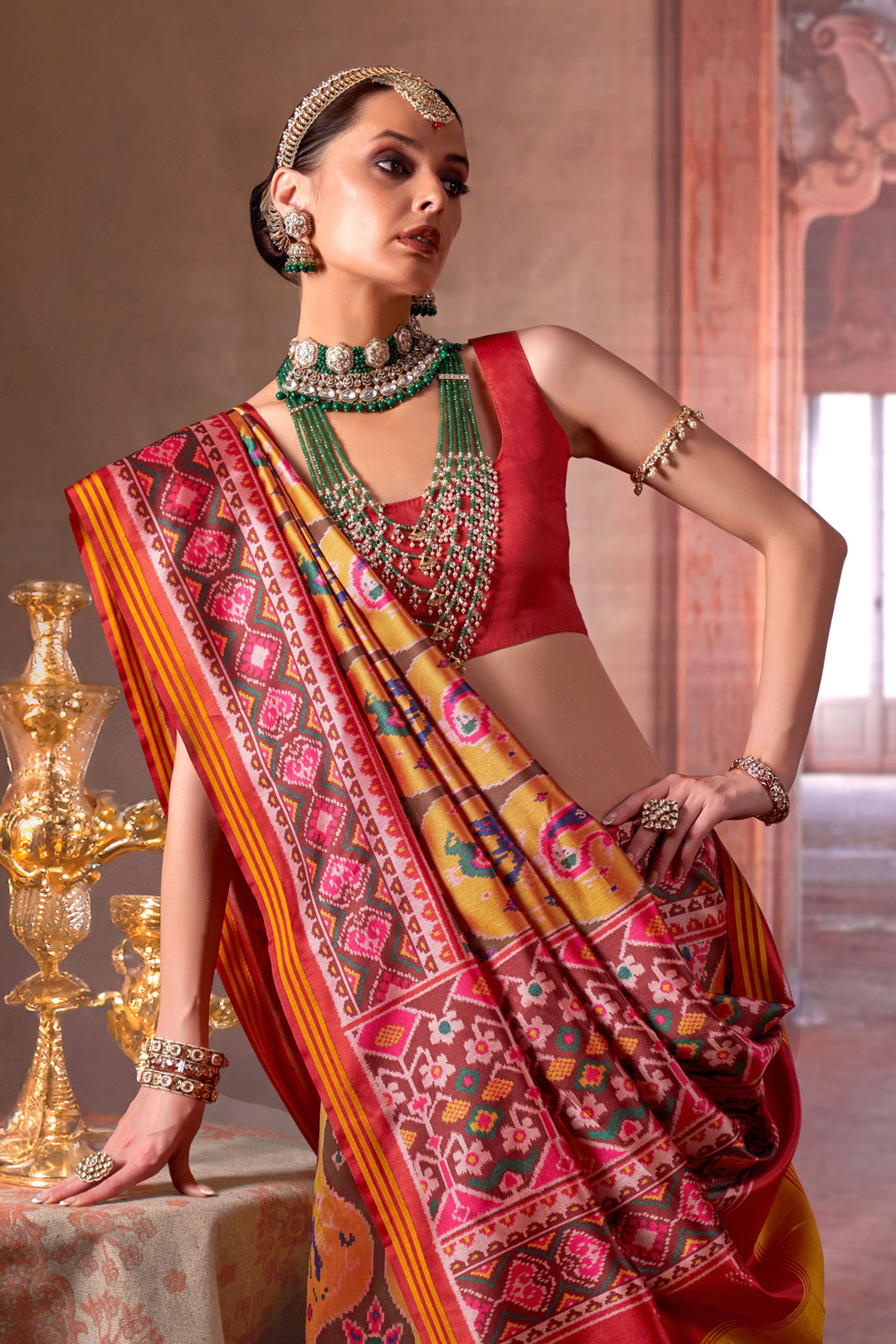 Flamboyant Art Silk Fabric Patola Printed Saree In Mustard Color | Buy Online India