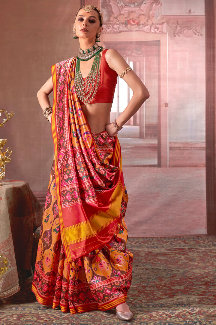 Flamboyant Art Silk Fabric Patola Printed Saree In Mustard Color | Buy Online India