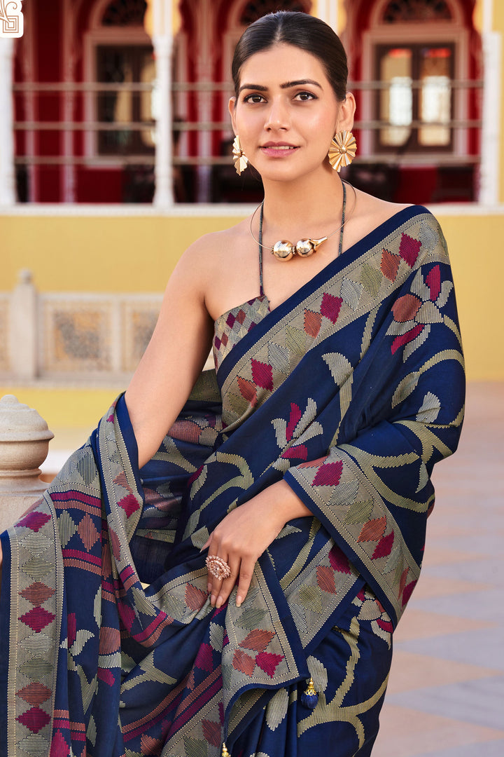Navy Blue Color Gorgeous Art Silk Saree With Fancy Work | Buy Online India