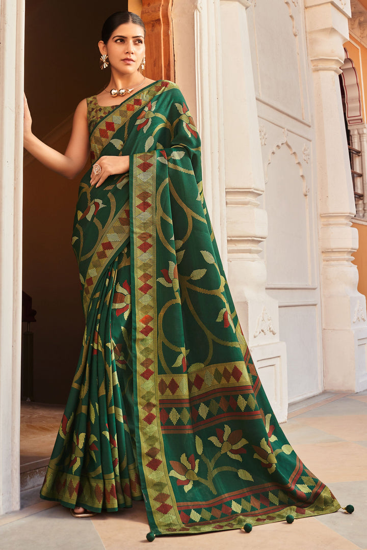 Fancy Work Soothing Art Silk Saree In Green Color | Buy Online India