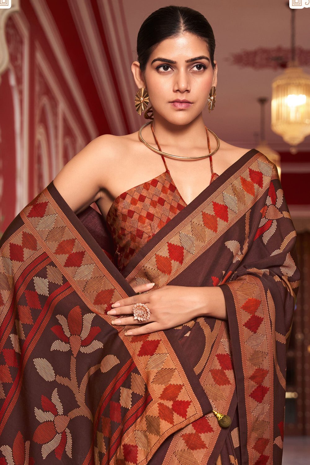 Fancy Work Attractive Art Silk Saree In Brown Color | Buy Online India
