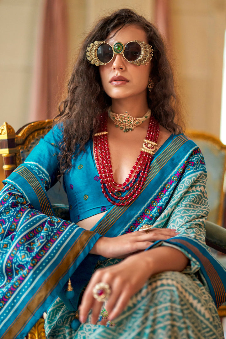 Excellent Art Silk Fabric Cyan Color Printed Saree | Buy Online India