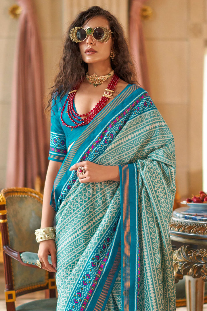 Excellent Art Silk Fabric Cyan Color Printed Saree | Buy Online India