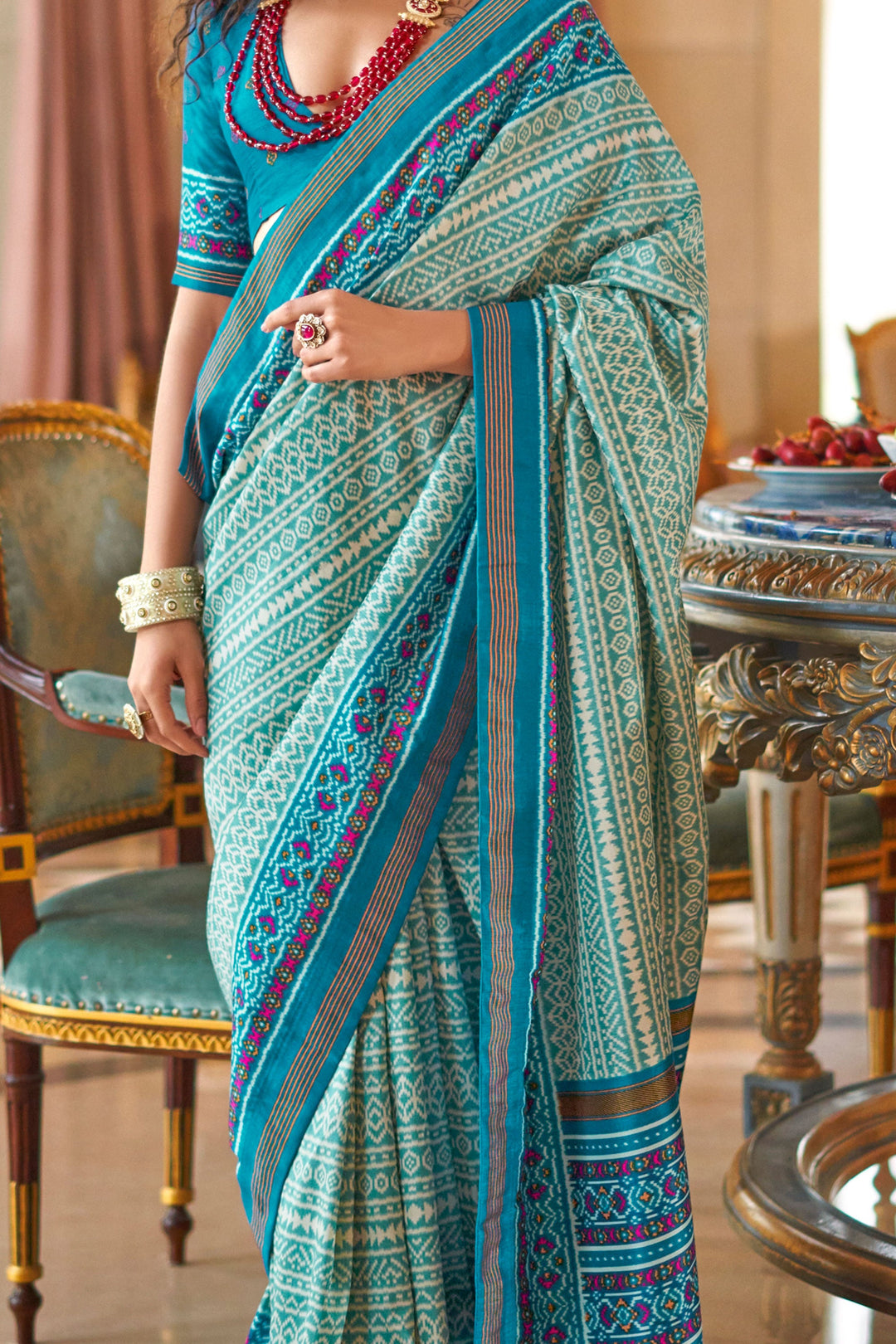 Excellent Art Silk Fabric Cyan Color Printed Saree | Buy Online India