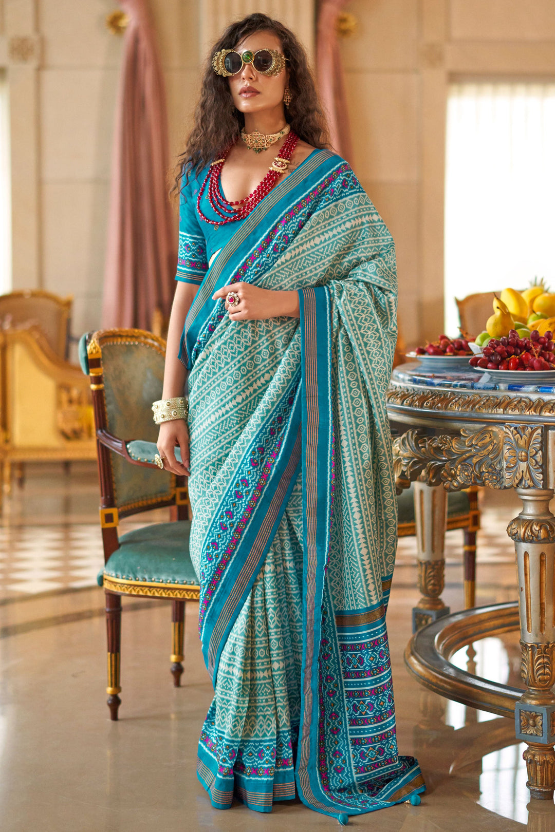 Excellent Art Silk Fabric Cyan Color Printed Saree | Buy Online India