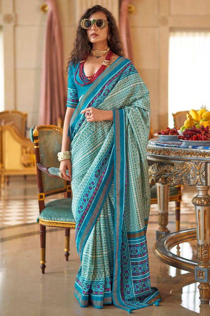 Excellent Art Silk Fabric Cyan Color Printed Saree | Buy Online India