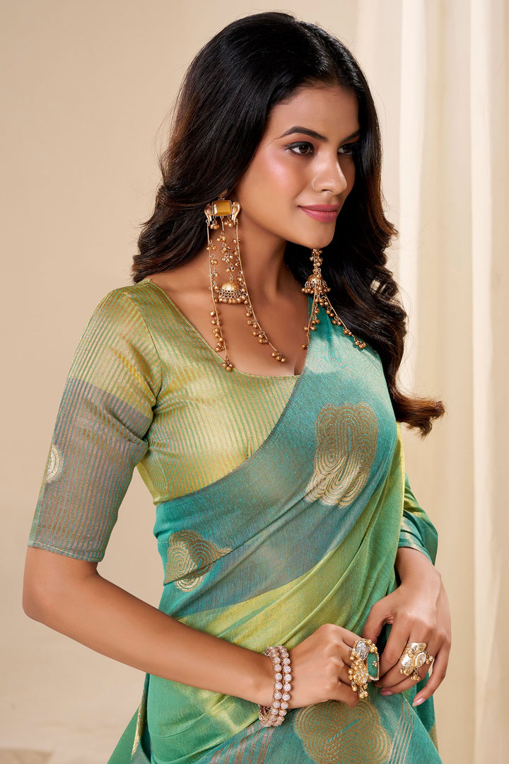 Weaving Work On Captivating Tissue Silk Fabric Sea Green Saree | Buy Online India