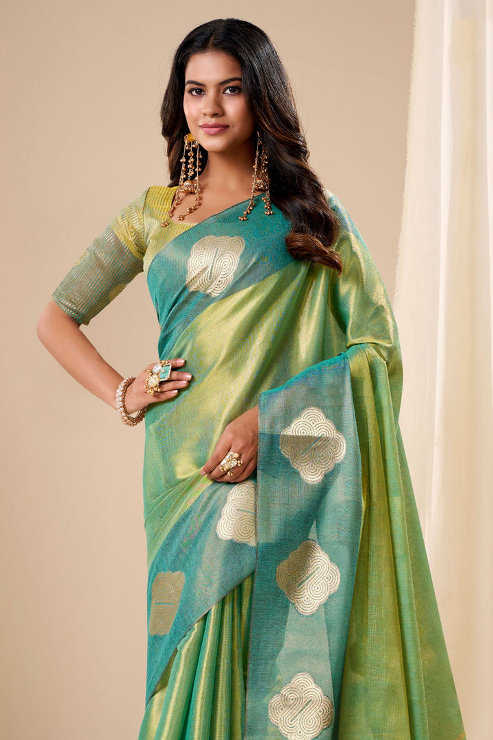 Weaving Work On Captivating Tissue Silk Fabric Sea Green Saree | Buy Online India