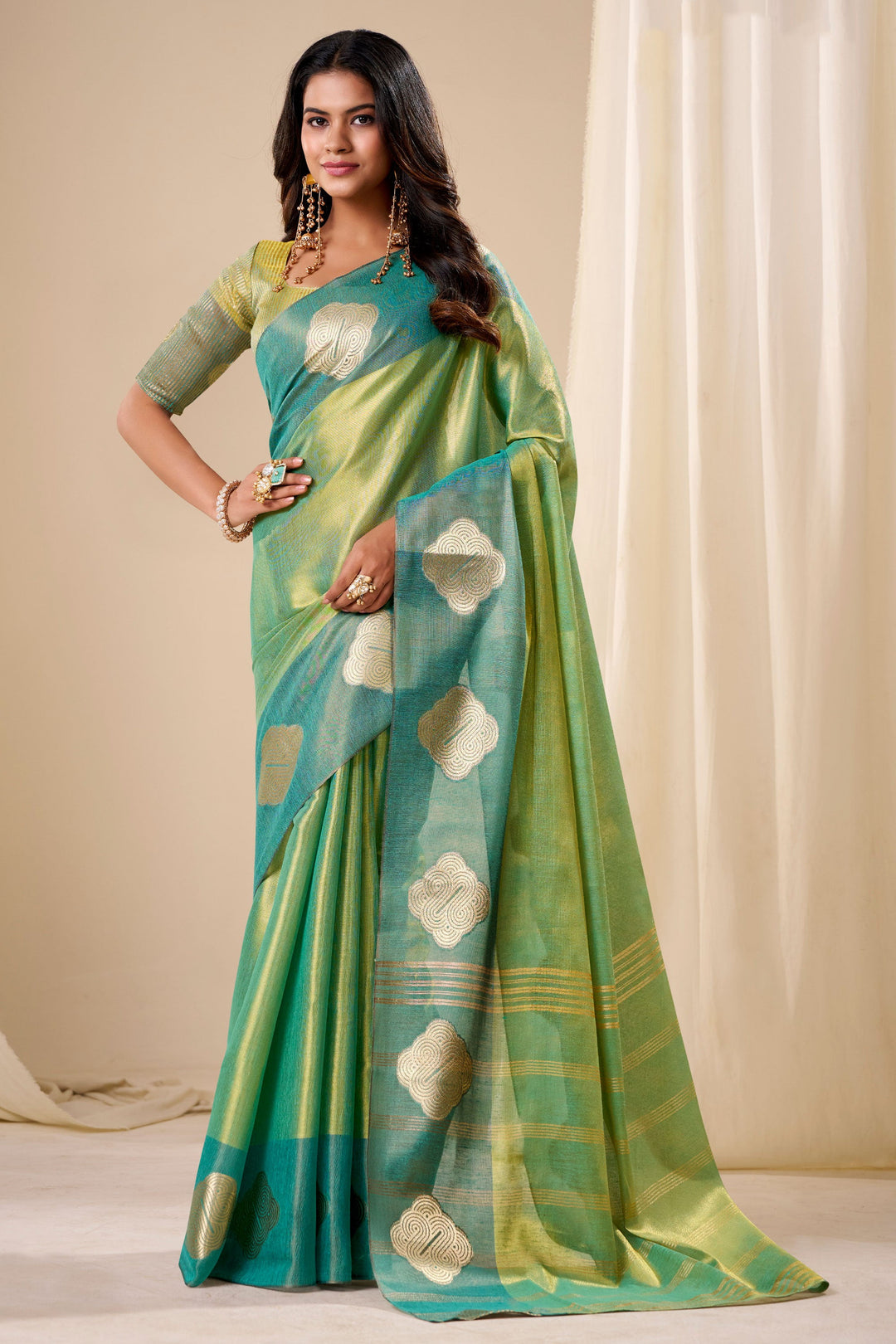Weaving Work On Captivating Tissue Silk Fabric Sea Green Saree | Buy Online India