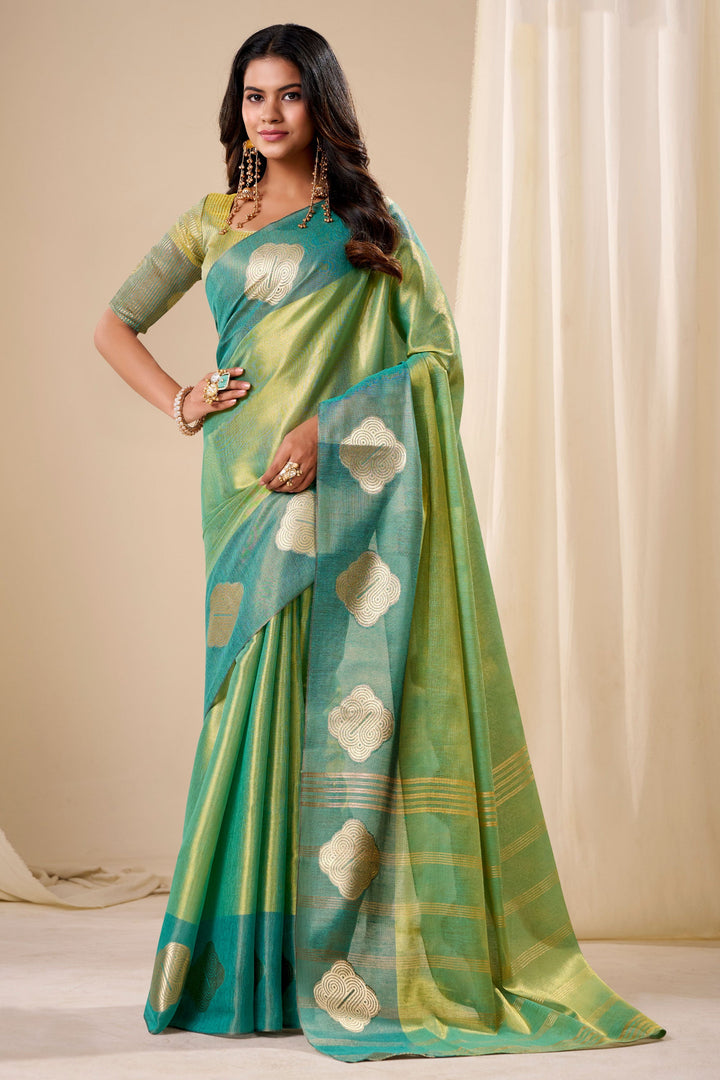 Weaving Work On Captivating Tissue Silk Fabric Sea Green Saree | Buy Online India