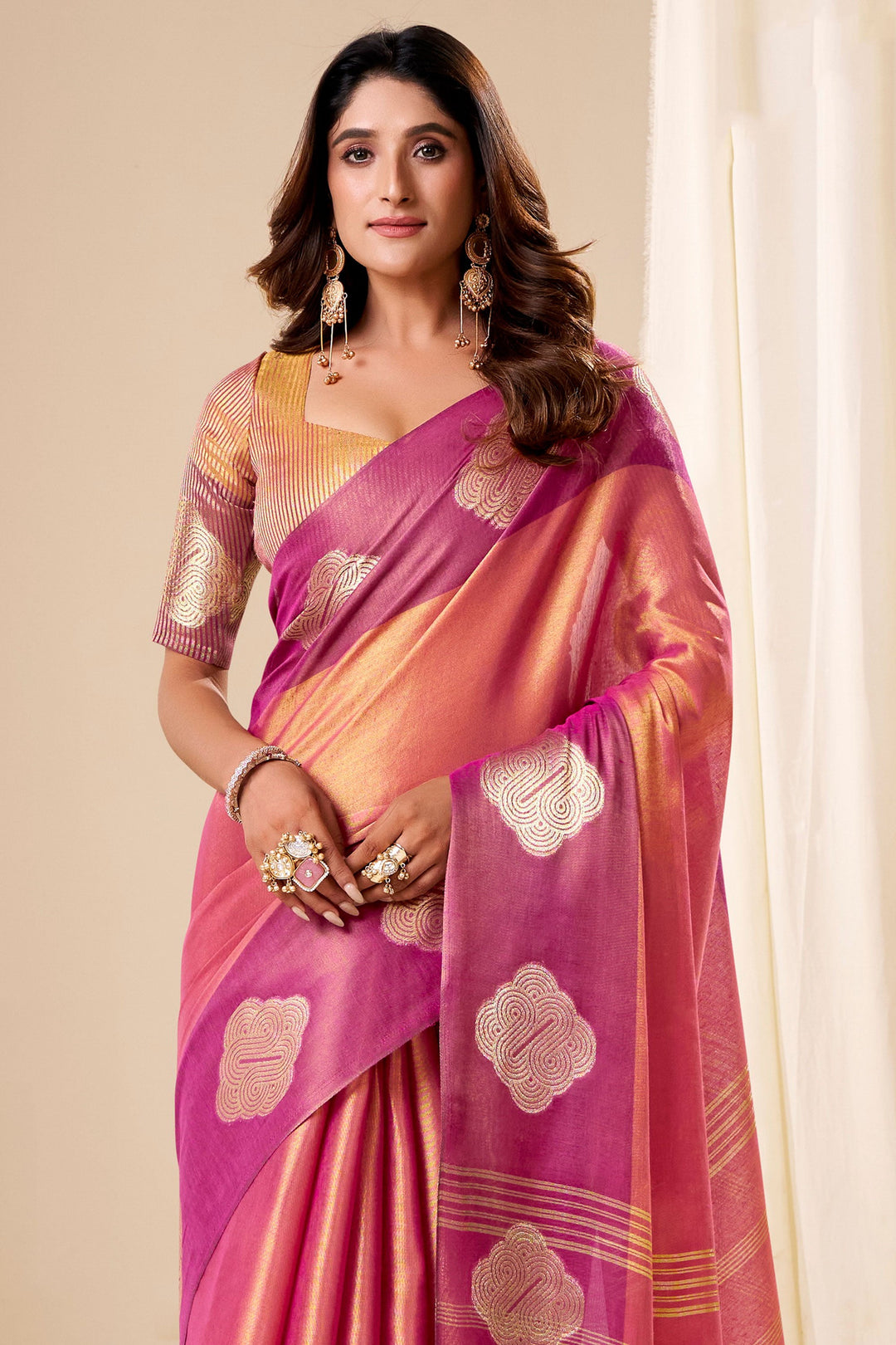 Weaving Work Awesome Tissue Silk Fabric Pink Saree | Buy Online India