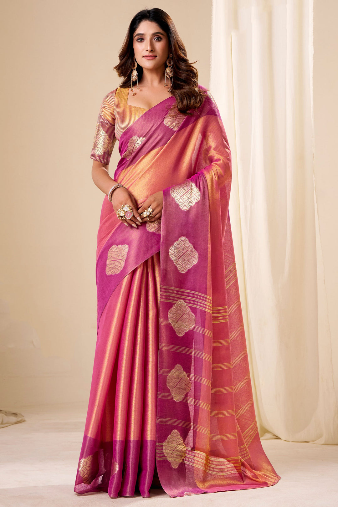 Weaving Work Awesome Tissue Silk Fabric Pink Saree | Buy Online India