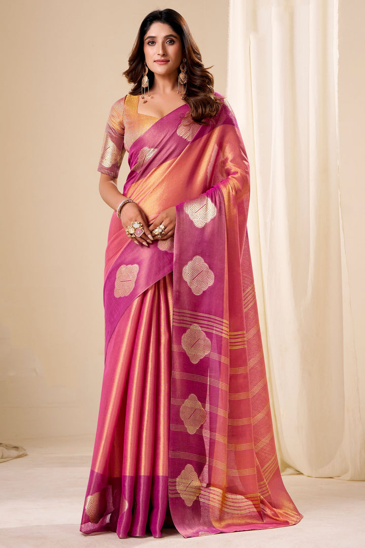 Weaving Work Awesome Tissue Silk Fabric Pink Saree | Buy Online India