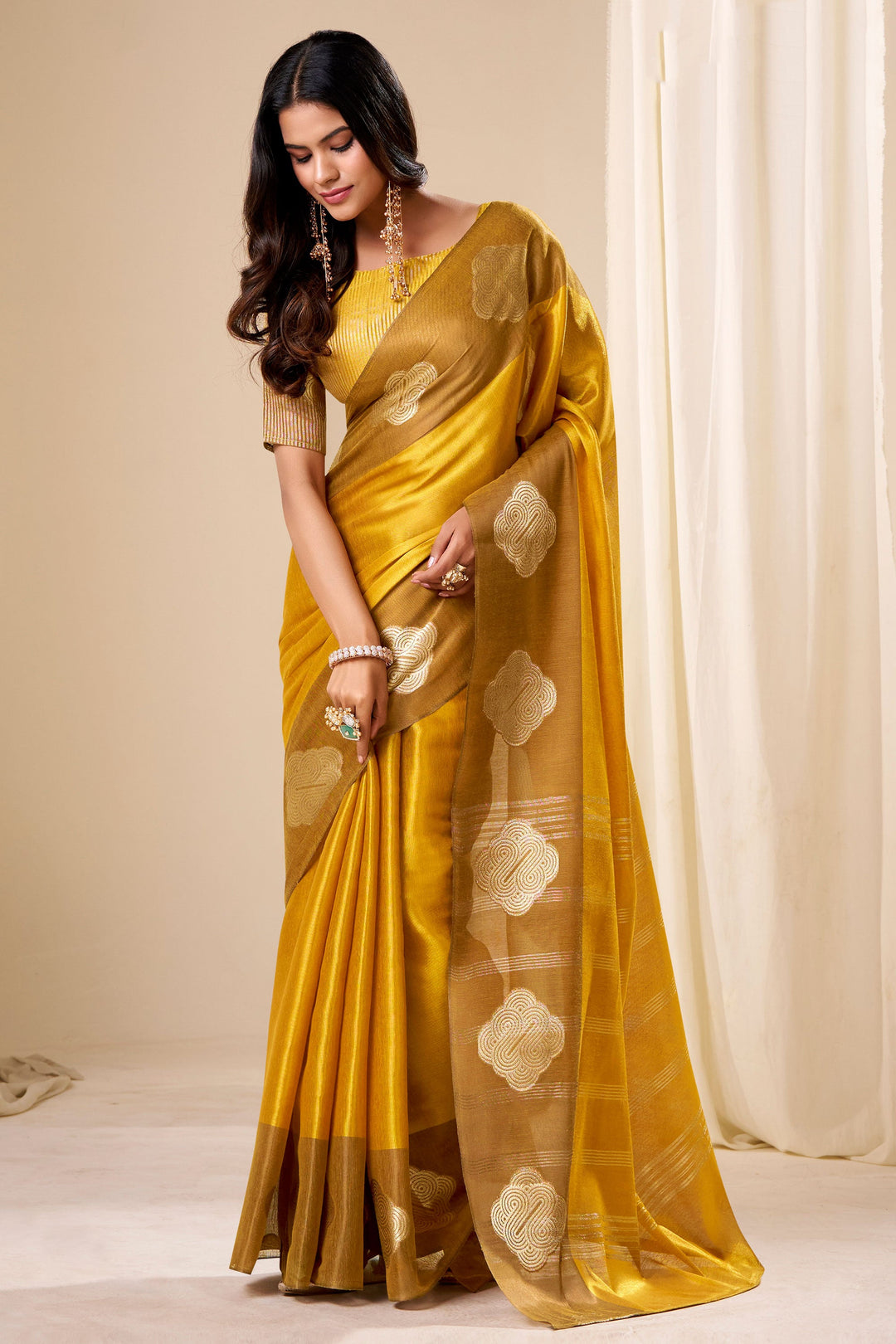 Yellow Color Fantastic Tissue Silk Fabric Saree With Weaving Work | Buy Online India