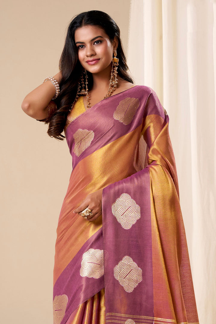 Weaving Work On Peach Color Trendy Tissue Silk Fabric Saree | Buy Online India