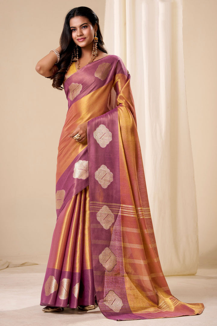 Weaving Work On Peach Color Trendy Tissue Silk Fabric Saree | Buy Online India