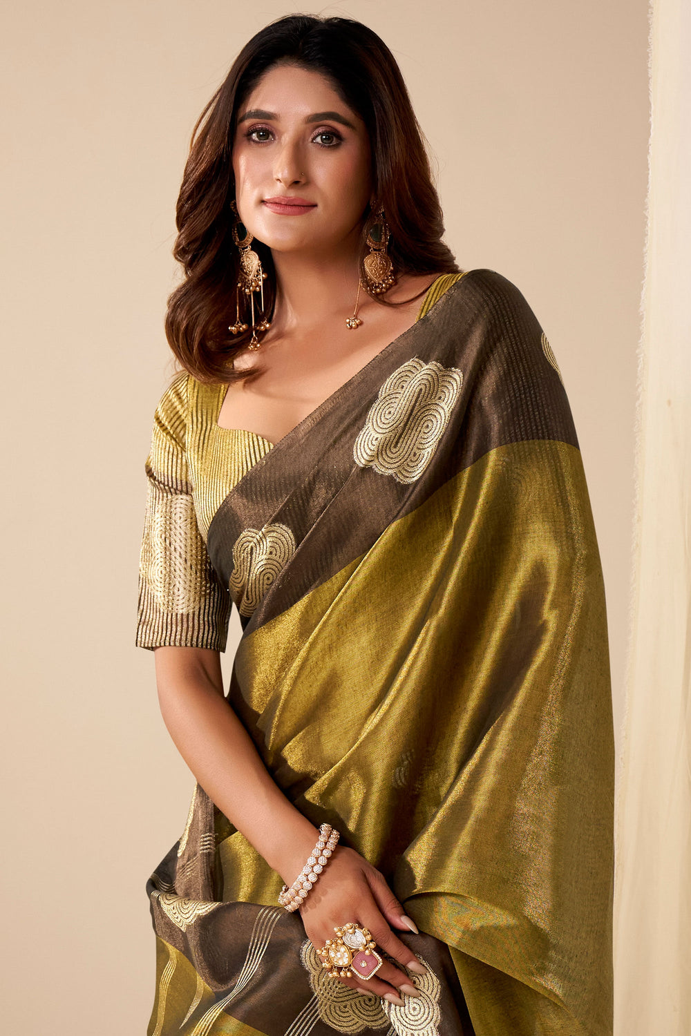 Beautiful Olive Color Tissue Silk Fabric Saree With Weaving Work | Buy Online India
