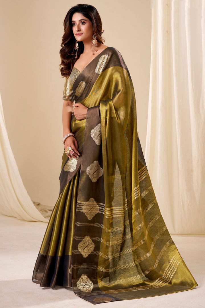 Beautiful Olive Color Tissue Silk Fabric Saree With Weaving Work | Buy Online India
