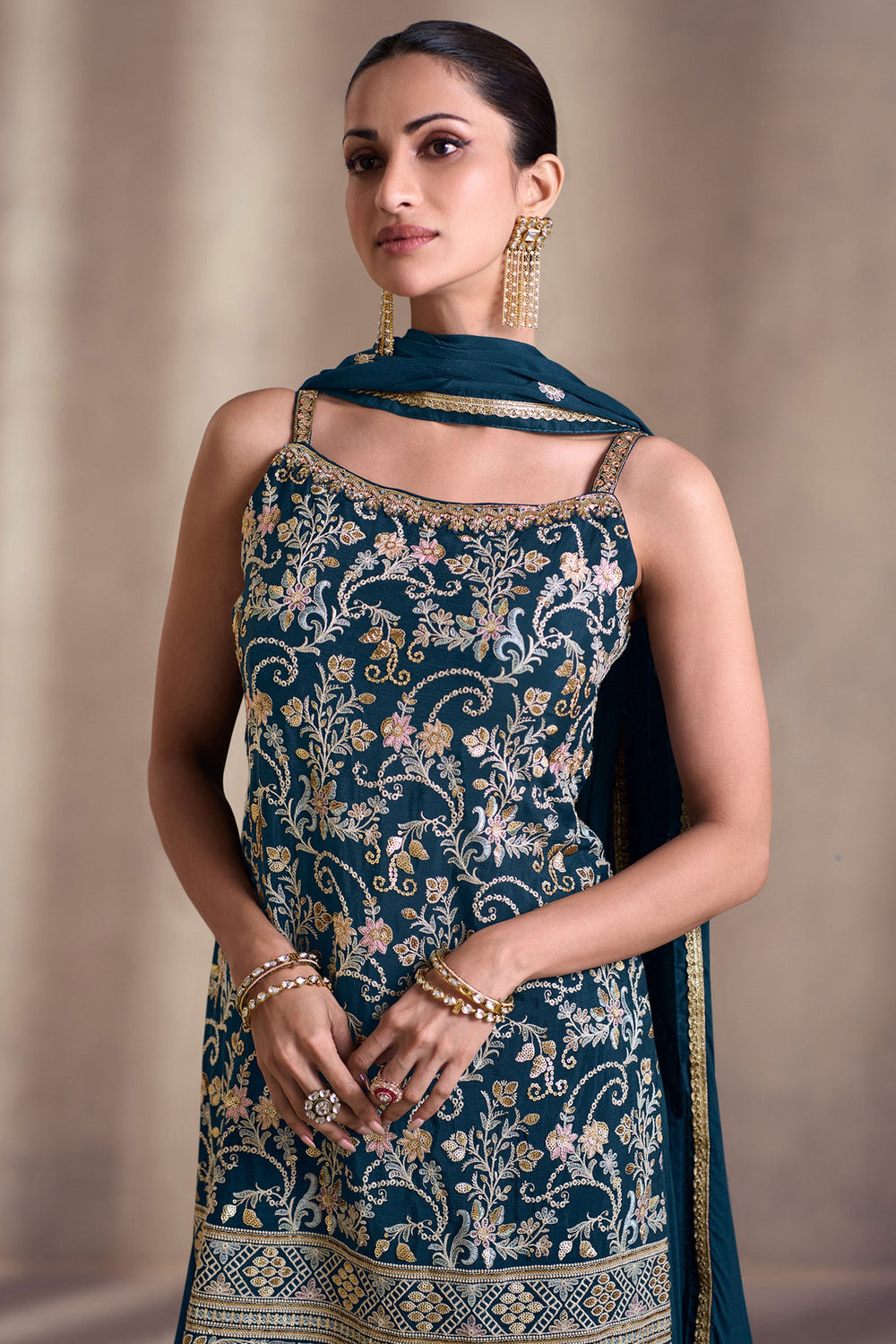 Diksha Singh Teal Color Georgette Fabric Adorming Function Wear Palazzo Suit | Buy Online India