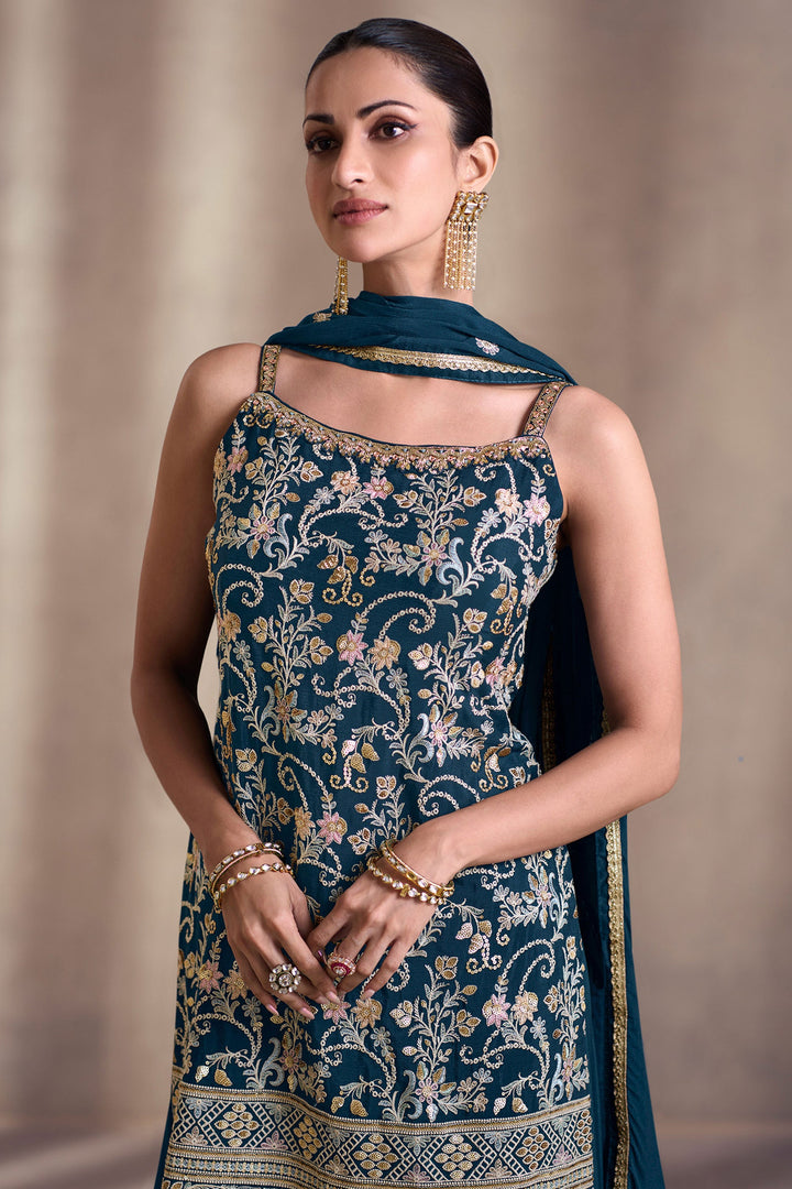 Diksha Singh Teal Color Georgette Fabric Adorming Function Wear Palazzo Suit | Buy Online India