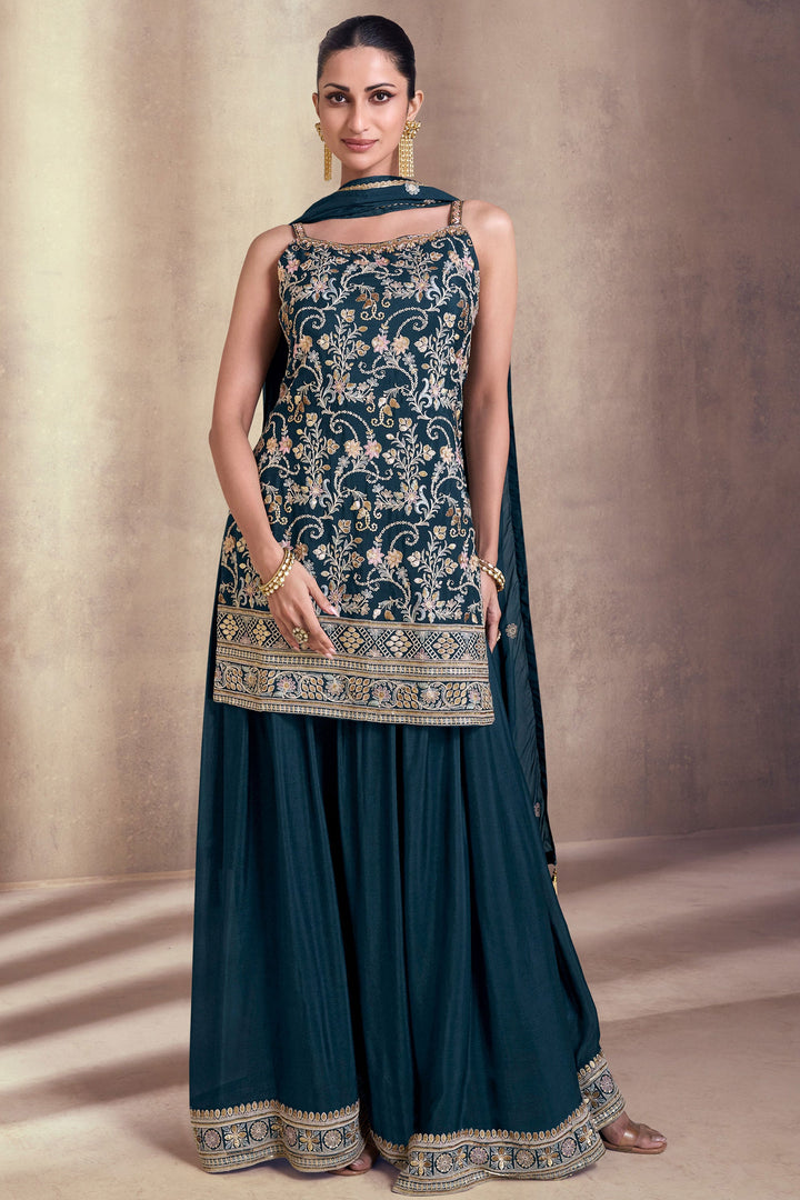 Diksha Singh Teal Color Georgette Fabric Adorming Function Wear Palazzo Suit | Buy Online India