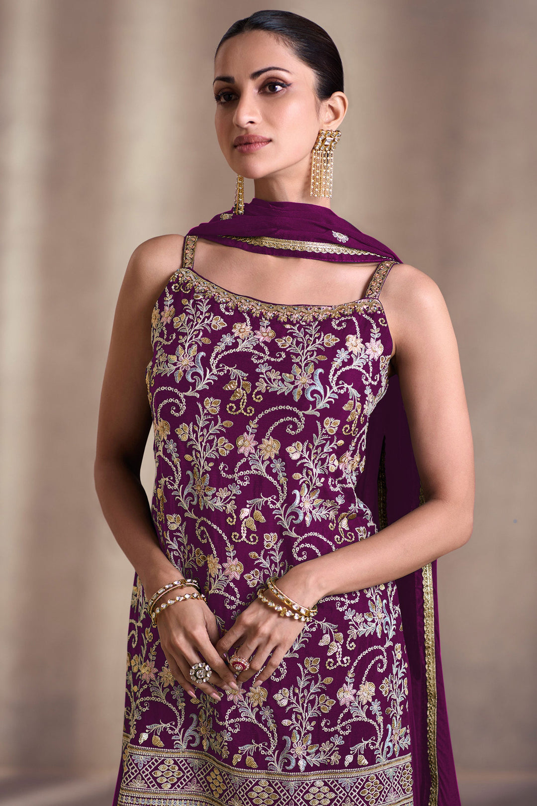 Diksha Singh Georgette Fabric Purple Color Function Wear Winsome Palazzo Suit | Buy Online India