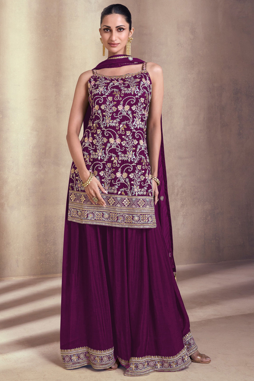 Diksha Singh Georgette Fabric Purple Color Function Wear Winsome Palazzo Suit | Buy Online India