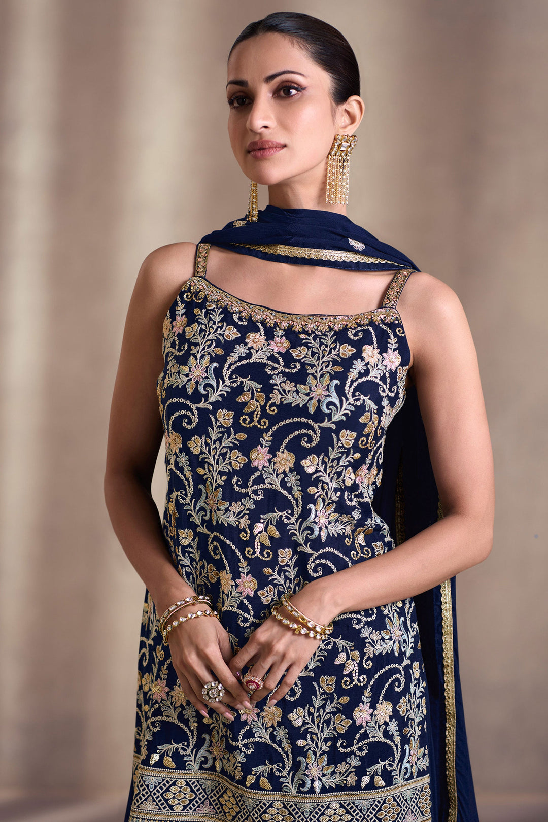 Diksha Singh Blue Color Georgette Fabric Function Wear Tempting Palazzo Suit | Buy Online India