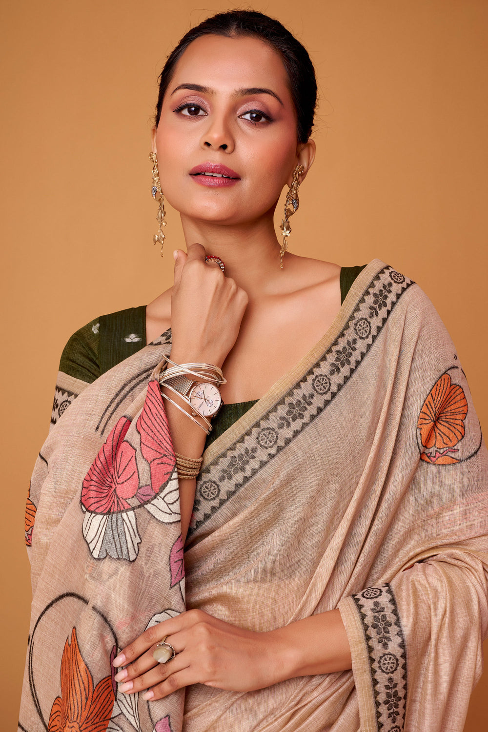 Amazing Printed Peach Color Cotton Saree | Buy Online India