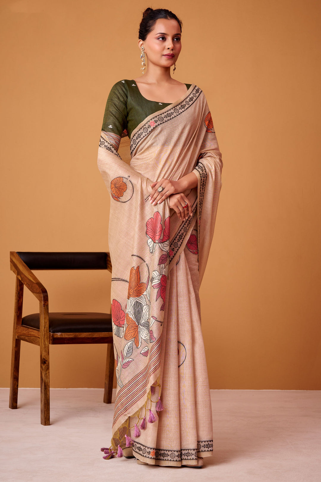 Amazing Printed Peach Color Cotton Saree | Buy Online India