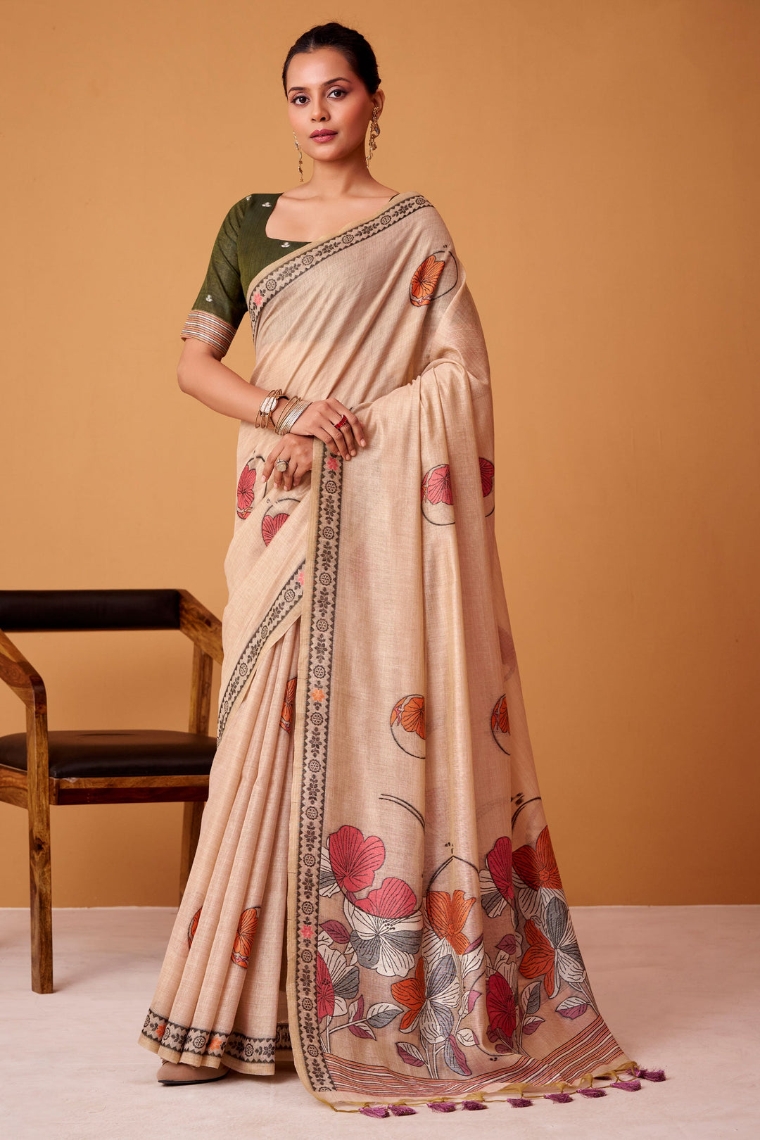 Amazing Printed Peach Color Cotton Saree | Buy Online India