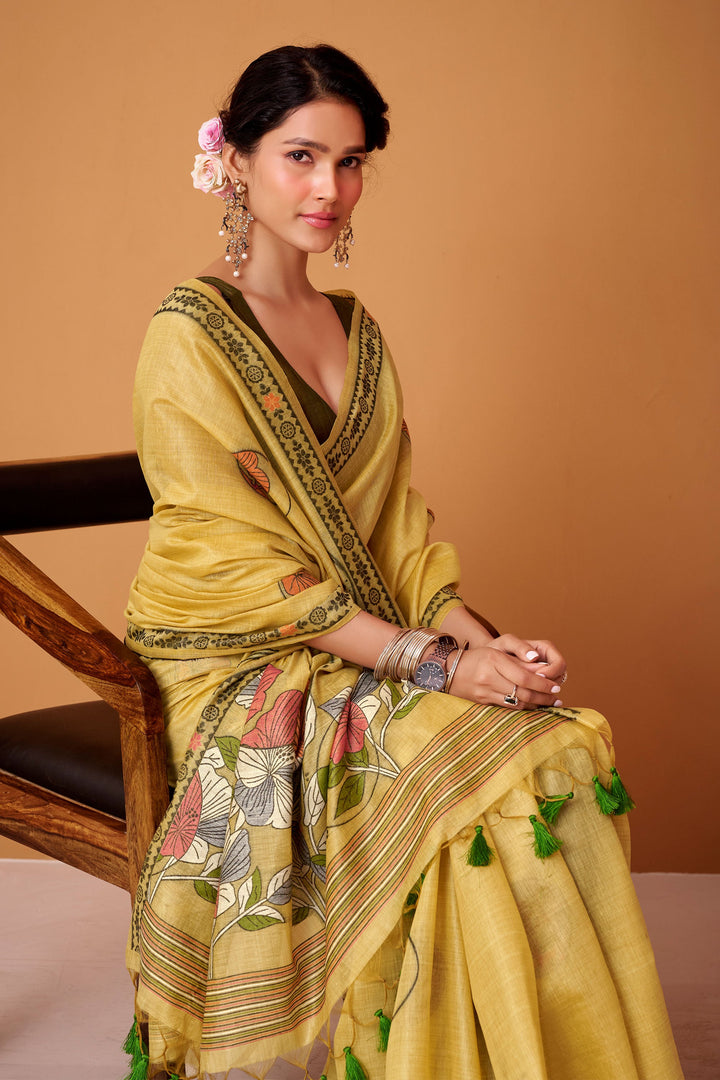 Trendy Yellow Color Cotton Saree With Printed Work | Buy Online India