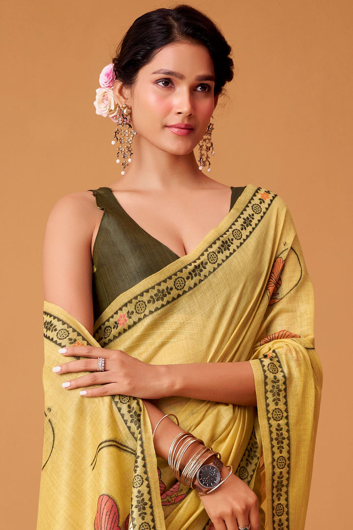 Trendy Yellow Color Cotton Saree With Printed Work | Buy Online India