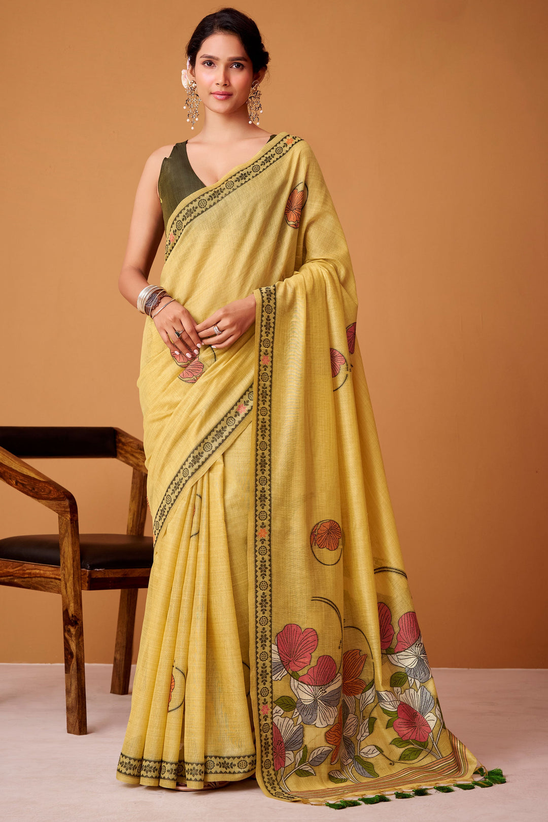 Trendy Yellow Color Cotton Saree With Printed Work | Buy Online India