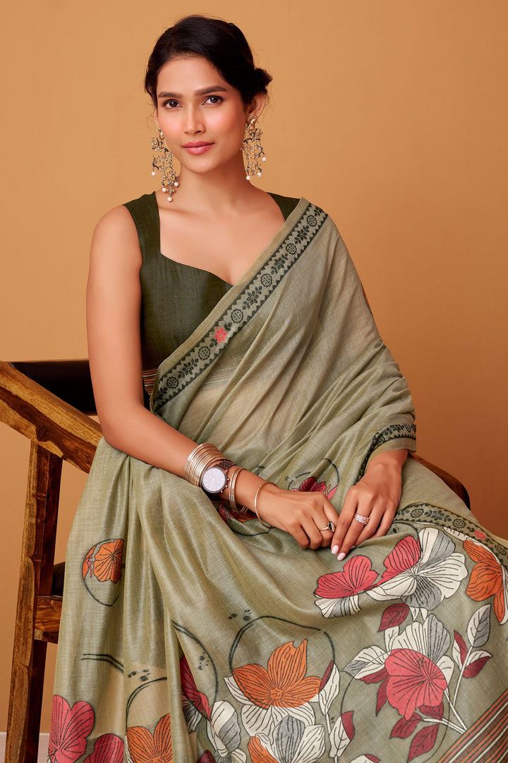 Sea Green Color Printed Work Chic Cotton Saree | Buy Online India