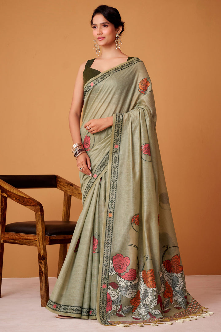 Sea Green Color Printed Work Chic Cotton Saree | Buy Online India