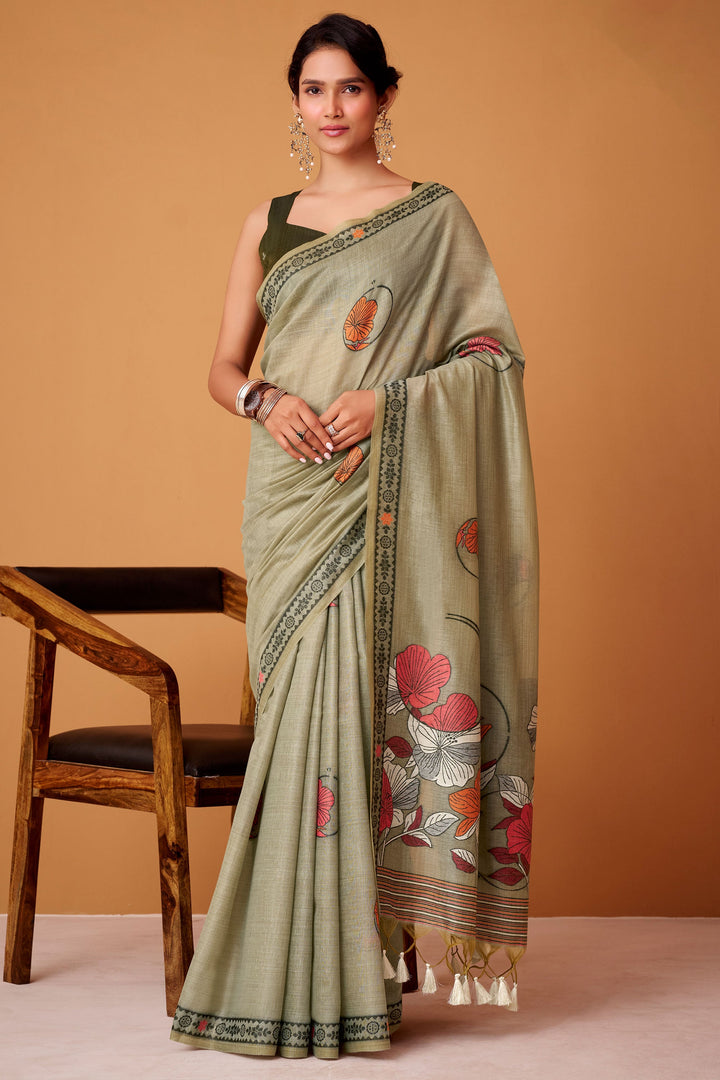Sea Green Color Printed Work Chic Cotton Saree | Buy Online India
