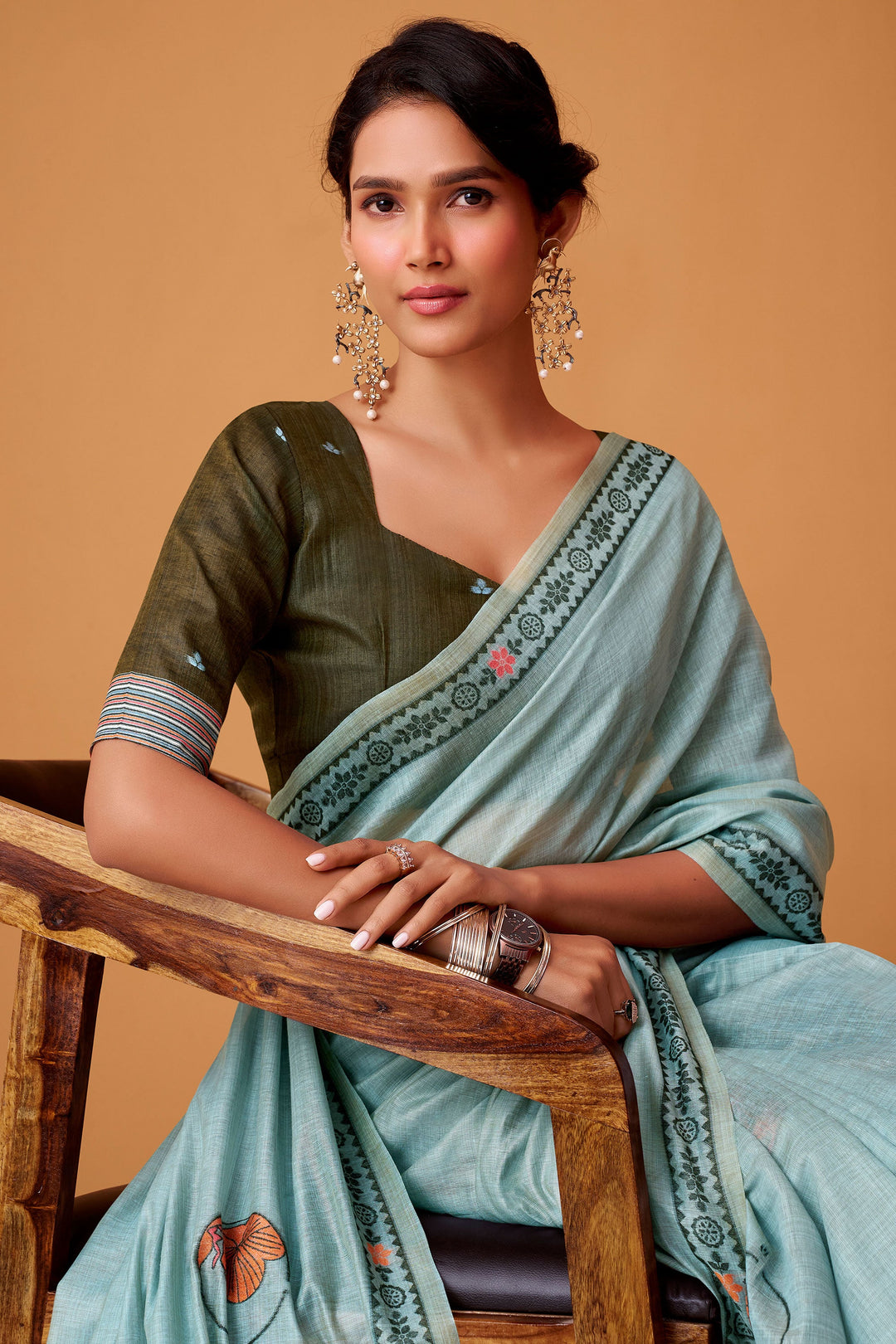 Soothing Printed Work Cyan Color Cotton Saree | Buy Online India