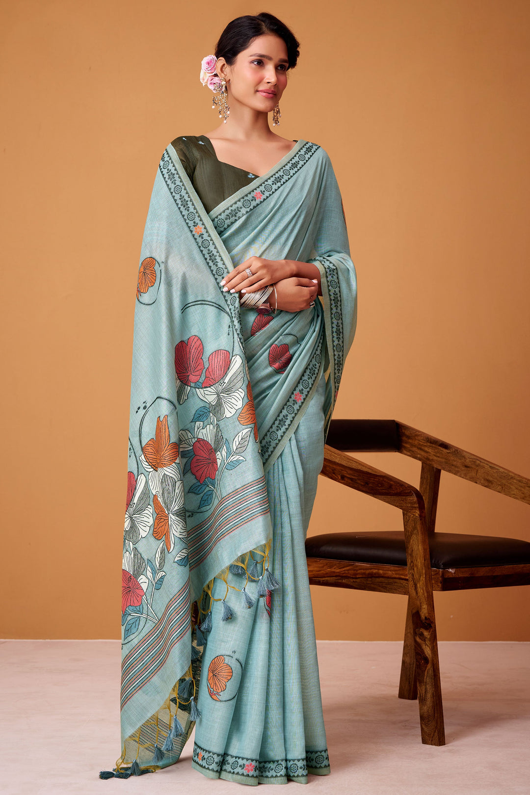 Soothing Printed Work Cyan Color Cotton Saree | Buy Online India