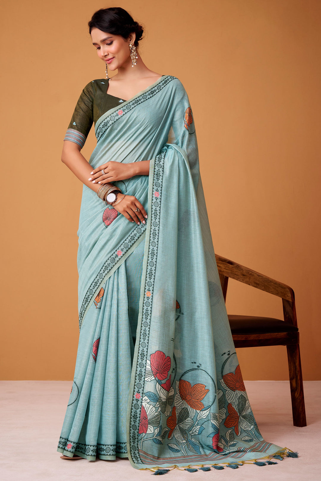 Soothing Printed Work Cyan Color Cotton Saree | Buy Online India