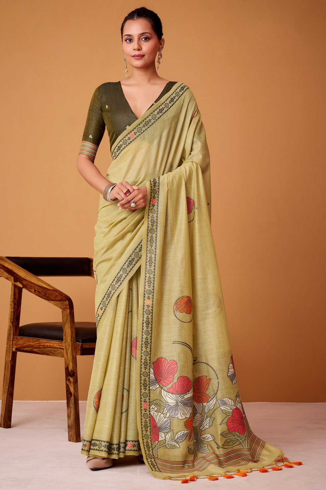 Printed Work Cream Color Gorgeous Cotton Saree | Buy Online India