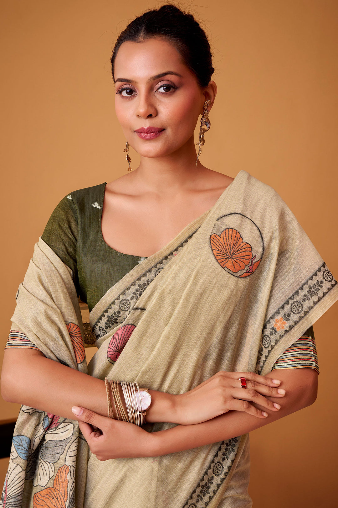 Graceful Beige Color Cotton Saree With Printed Work | Buy Online India