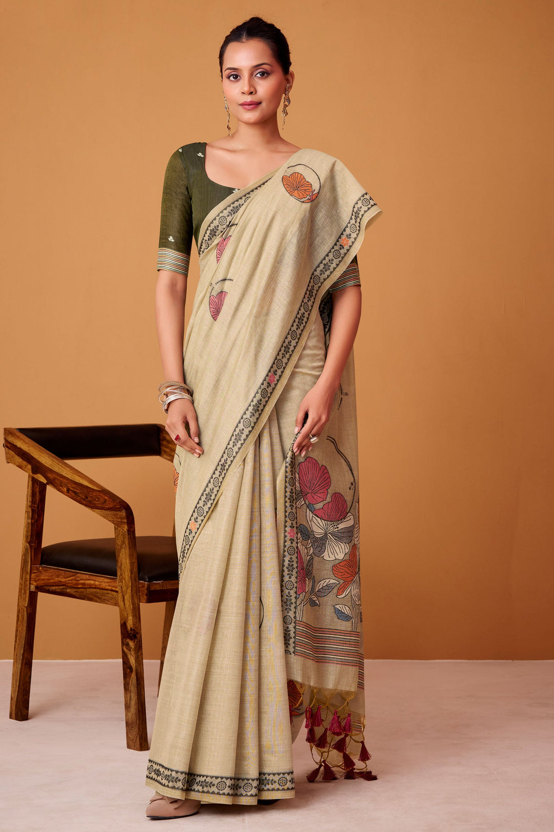 Graceful Beige Color Cotton Saree With Printed Work | Buy Online India