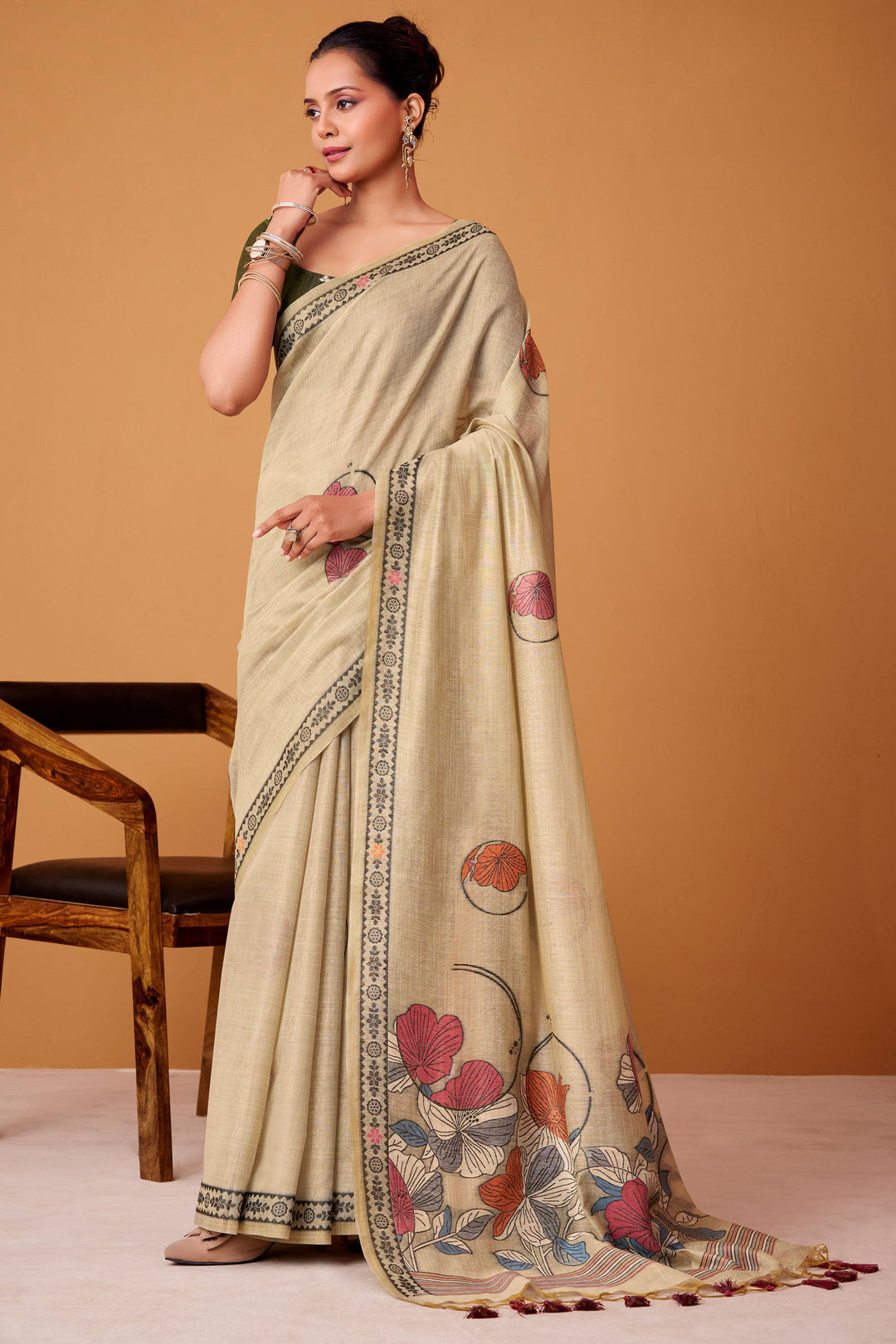 Graceful Beige Color Cotton Saree With Printed Work | Buy Online India