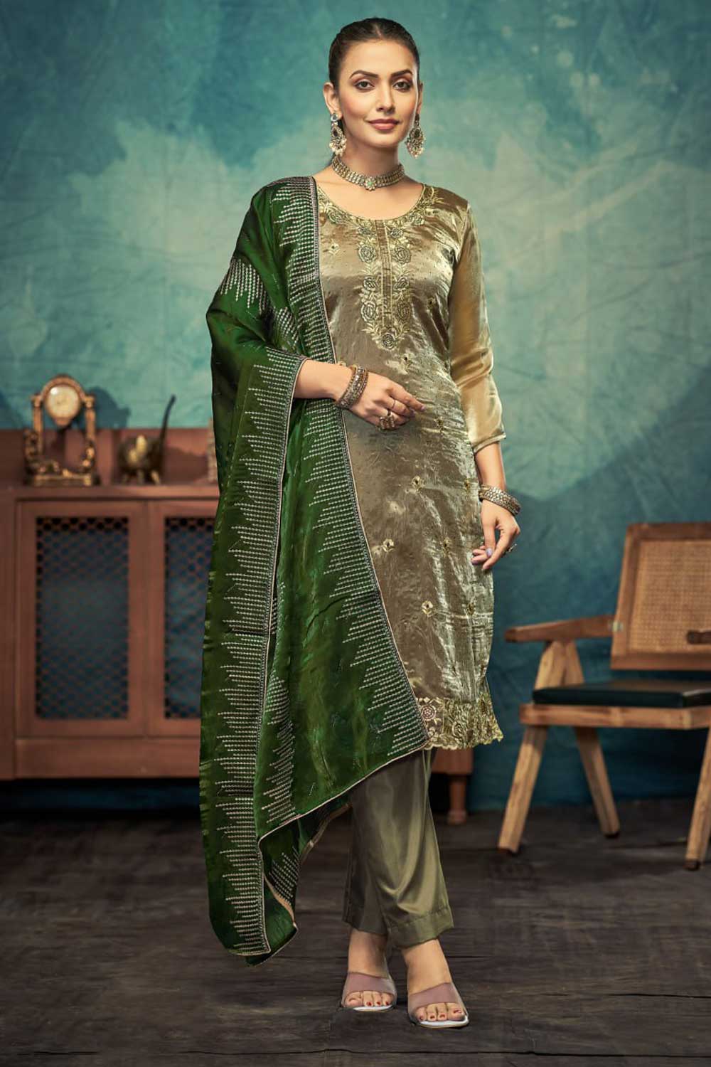 Tempting Fancy Fabric Olive Color Function Wear Salwar Suit | Buy Online India