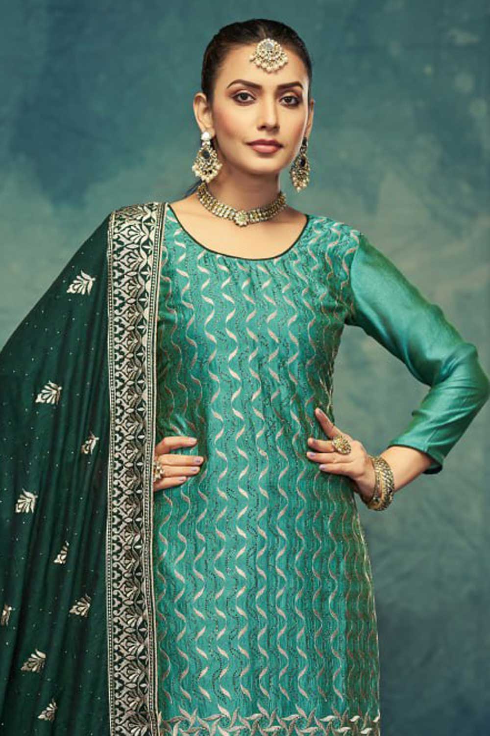 Vichitra Fabric Cyan Color Festive Style Elegant Salwar Suit | Buy Online India