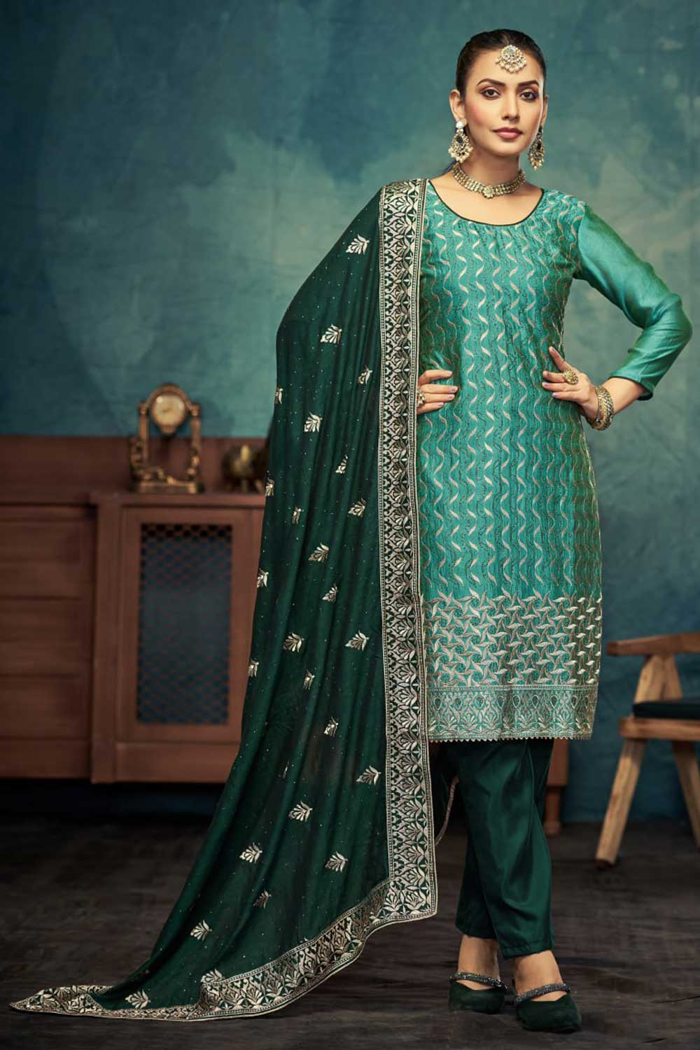 Vichitra Fabric Cyan Color Festive Style Elegant Salwar Suit | Buy Online India