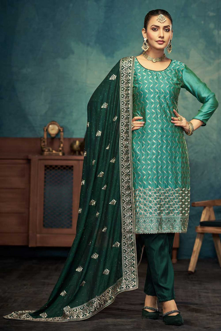 Vichitra Fabric Cyan Color Festive Style Elegant Salwar Suit | Buy Online India